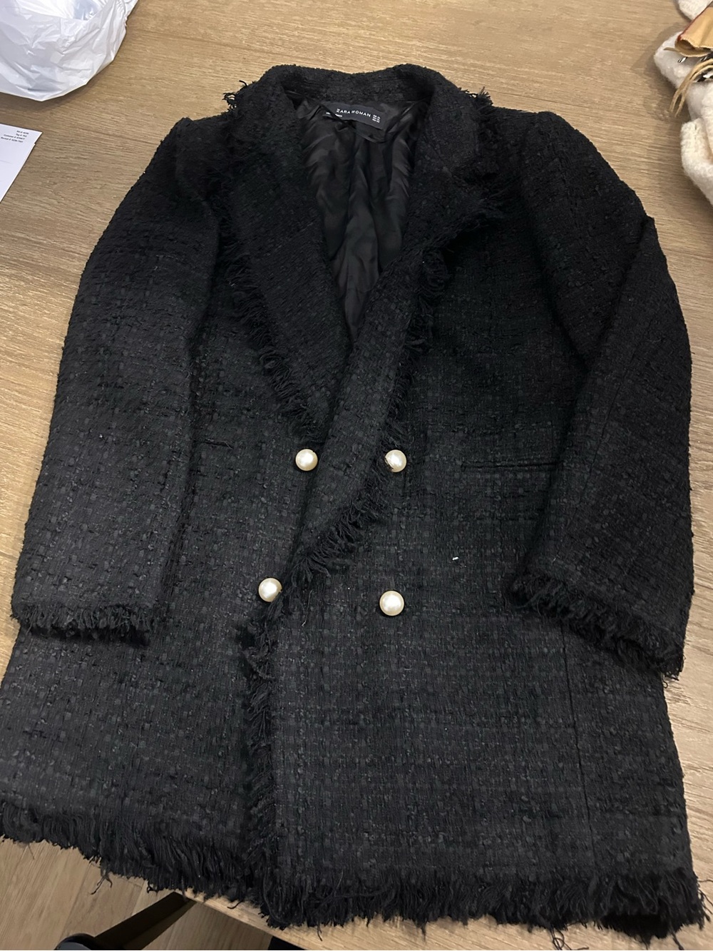 Zara women black textured frayed tweed jacket with pearl accent buttons, XL